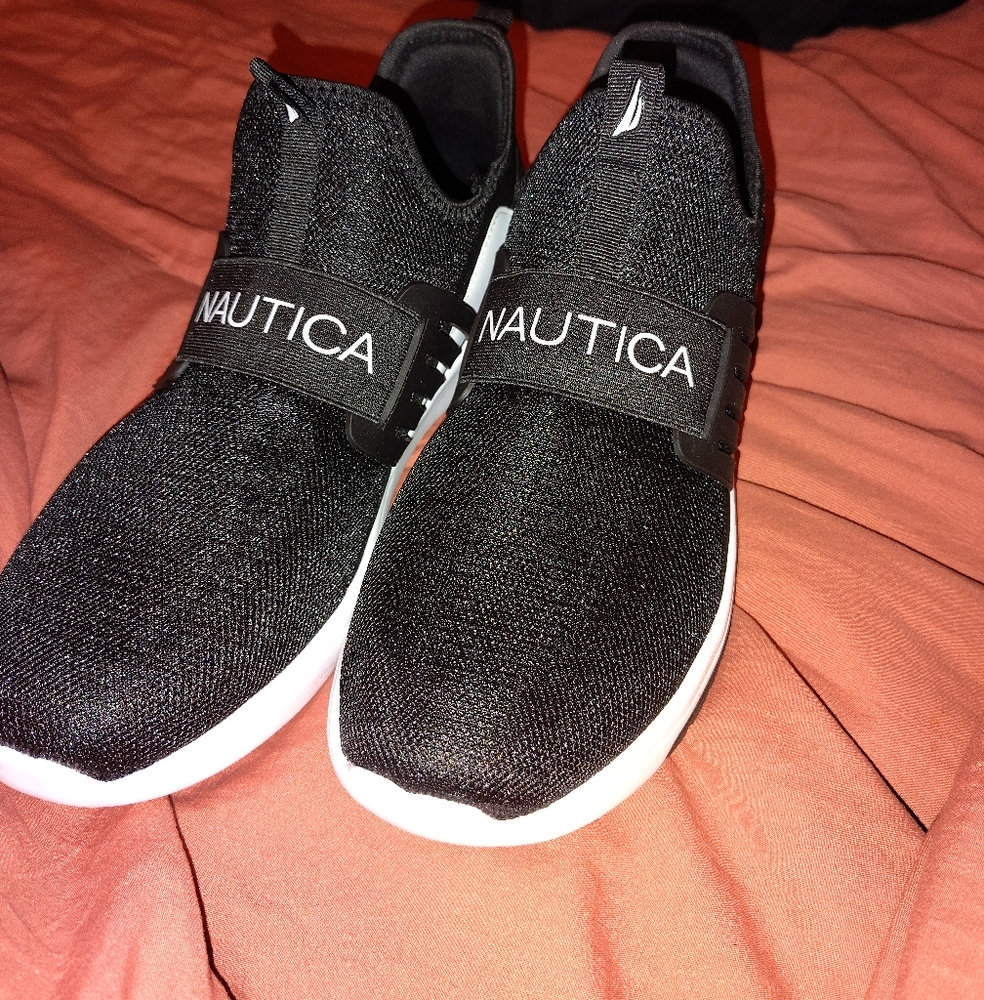 Nautica Black and White Slip-On Sneakers with Knit Upper